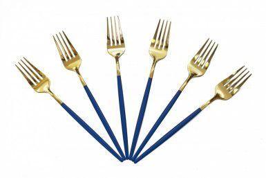 Kit 6 garfos inox dourado cabo azul 